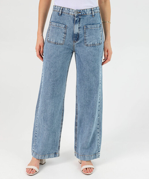 Calça Jeans Wide Leg Bolsos Feminina Azul