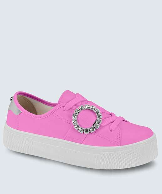 Tênis Casual Feminino Flatform Fivela Strass Moleca