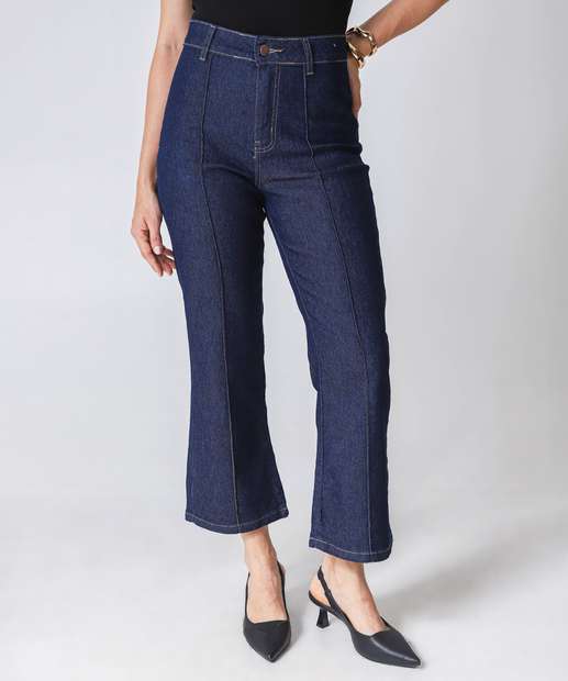 Calça Jeans Reta Feminina Bolsos Azul