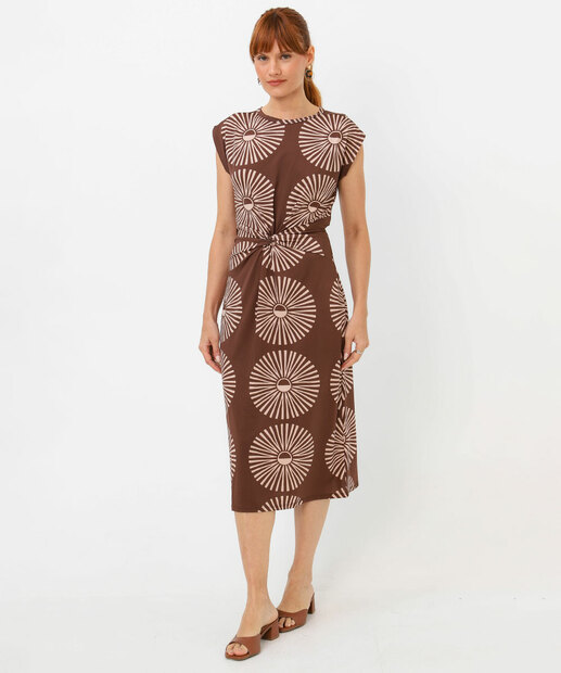 Vestido Midi Feminino Estampado Sem Manga Marisa Marrom