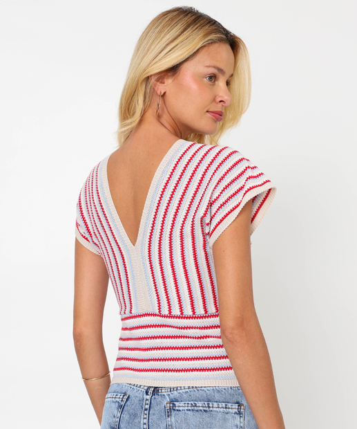 Blusa Feminina Tricô Listrada Manga Curta Marisa Vermelho