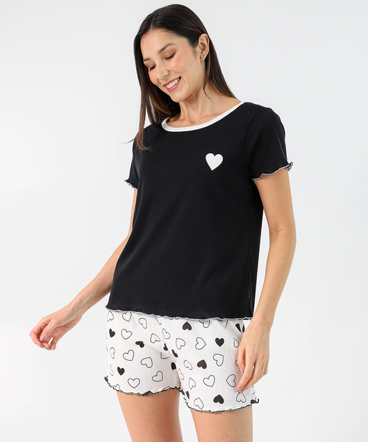 Image_Pijama Feminino Estampa Coração Manga Curta Marisa Preto