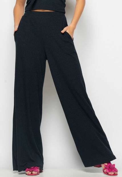 Conjunto Cropped Laço e Wide Leg Canelado Preto Salvatore