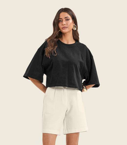 T- Shirt Feminina em Malhão e Ribana Endless Preto