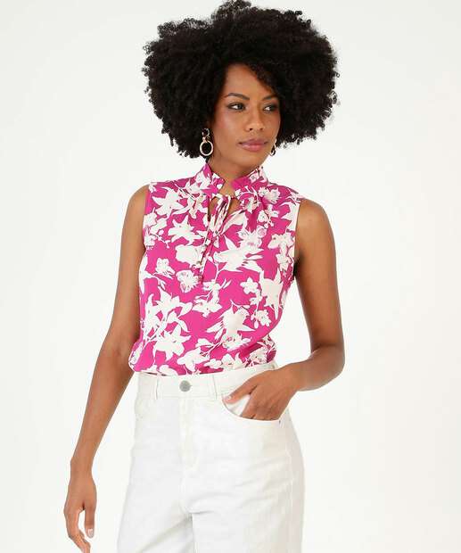 Blusa Regata Feminina Floral Gola Alta Amarração Marisa