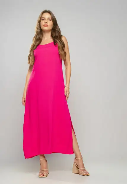 Vestido Longo Viscolinho Fenda Pink Salvatore Fashion