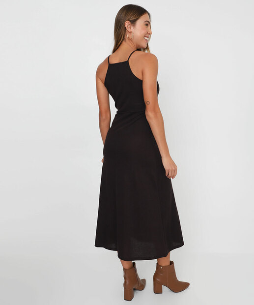 Vestido Midi Feminino Canelado Halter Neck Marisa Marrom