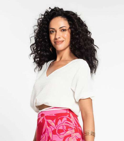 Blusa Cropped Feminina Decote V Rovitex Bege