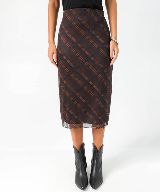 Saia Feminina Midi Reta Tule Estampada Marisa Marrom