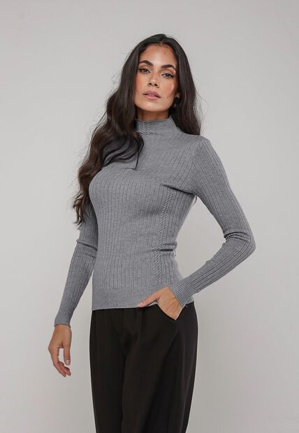Blusa de Tricot Canelado Gola Alta Cinza Salvatore
