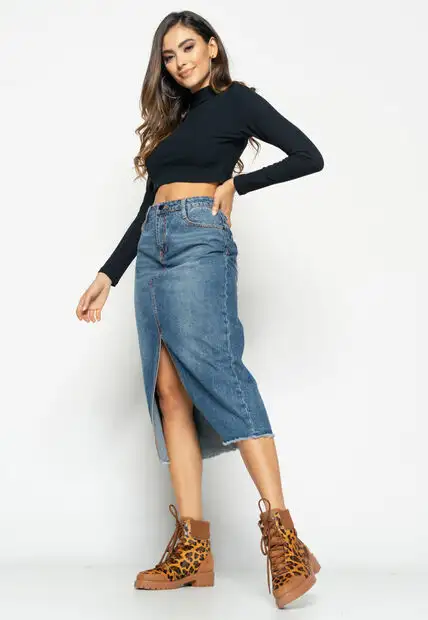 Cropped  Gola Alta Manga Longa Comfy Malha Canelada Preto