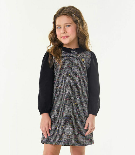 Vestido Manga Longa Infantil Em Tweed Trick Nick Preto