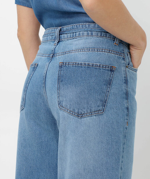 Calça Feminina Wide Leg Jeans Amarração Azul