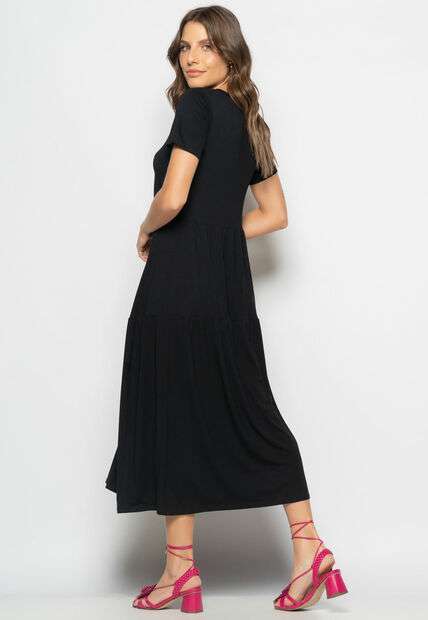 Vestido Midi Manga Curta Com Babado Preto Salvatore