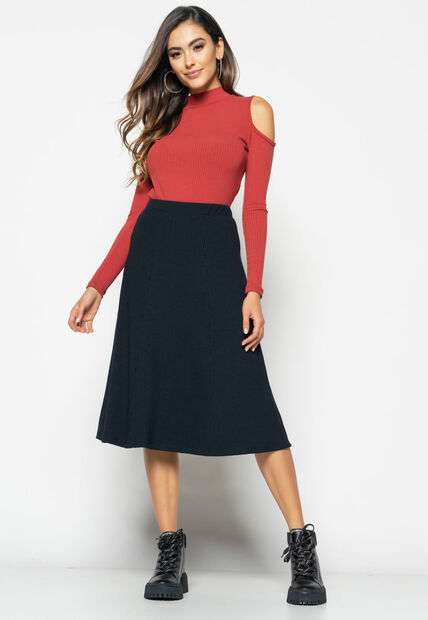 Blusa  Ombro Vazado Manga Longa Canelada Terracota