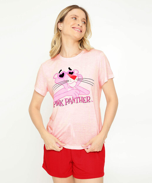Pijama Feminino Manga Curta Pantera Cor de Rosa