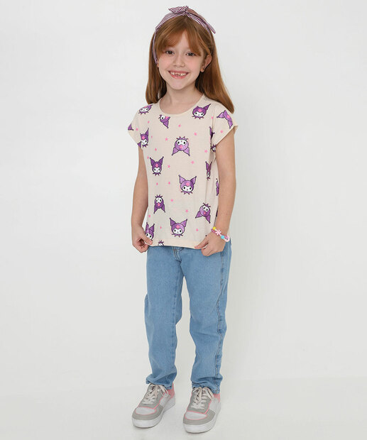 Blusa Infantil Estampa Brilho Kuromi Tam 4 a 10 Bege