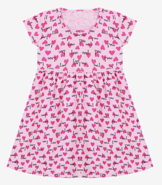 Vestido Infantil Manga Curta Estampado Biju Kids Rosa