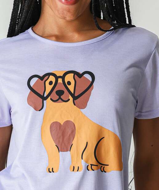 Camisola Manga Curta Estampa Cachorro Marisa Lilás
