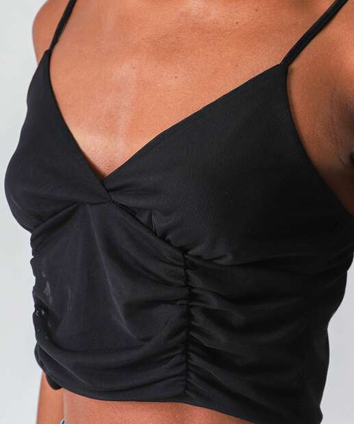 Blusa Cropped Feminina Tule Alças Finas Marisa Preto