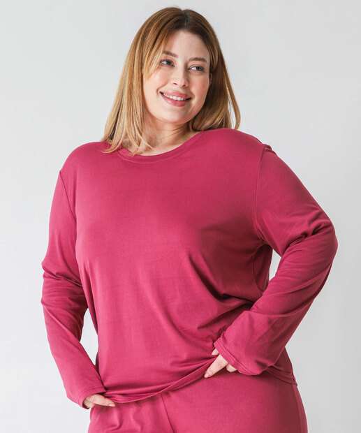 Pijama Plus Size Feminino Manga Longa Marisa Rosa