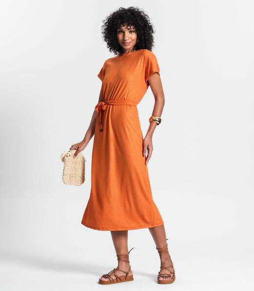 Vestido Midi Em Ribana Canelada Lurex Rovitex Laranja