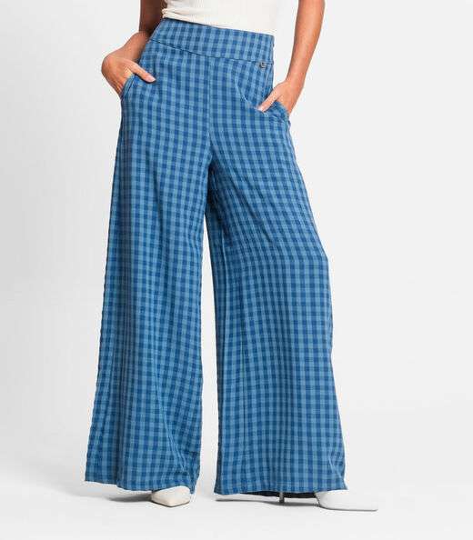 Calça Pantalona Feminina Xadrez Endless Azul