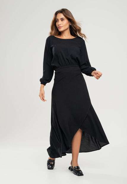 Cropped Gola Canoa Manga Longa Viscolinho Preto Salvatore Fashion