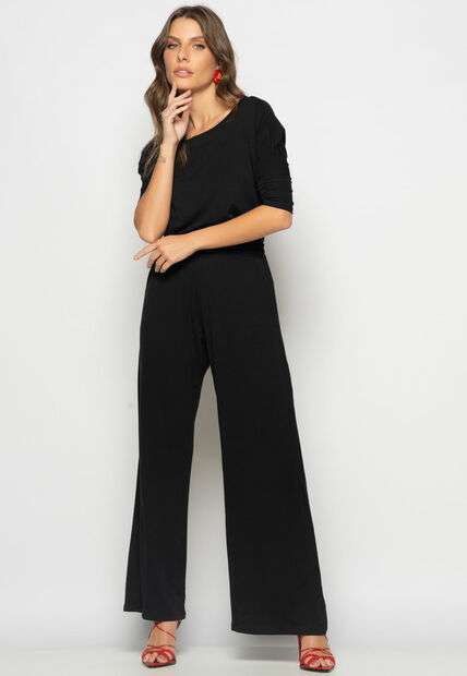 Conjunto Blusa Canoa 3/4 e Wide Leg Malha Preto Salvatore