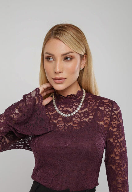 Blusa De Renda Com Manga Longa Flare Roxo Salvatore