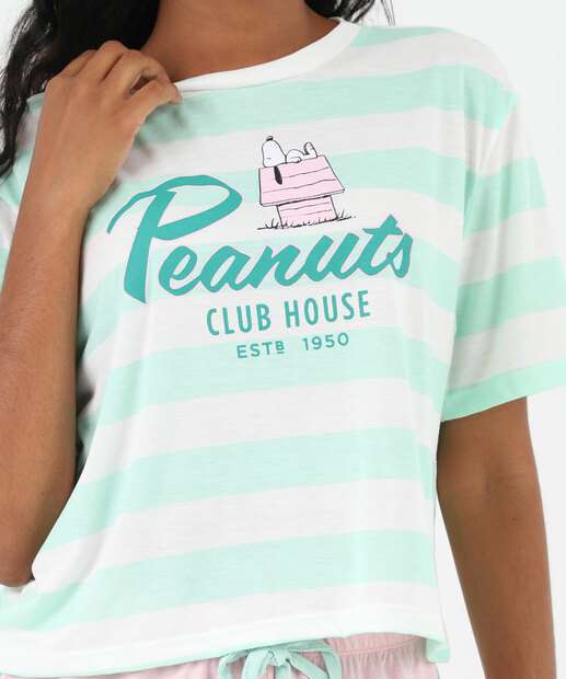 Pijama Feminino Listrado Manga Curta Snoopy Rosa