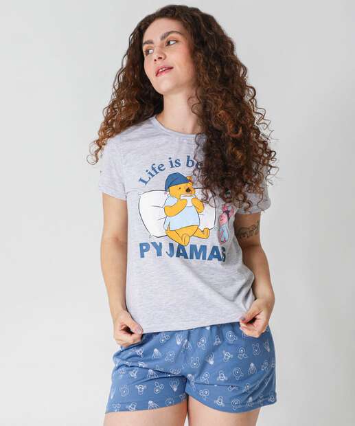 Image_Pijama Feminino Estampa Ursinho Puff Manga Curta Cinza