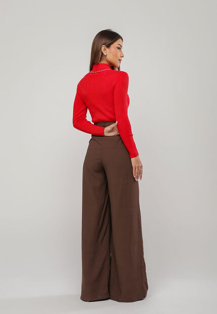 Blusa de Tricot Modal com Gola Alta e Manga Canelada Vermelho Salvatore