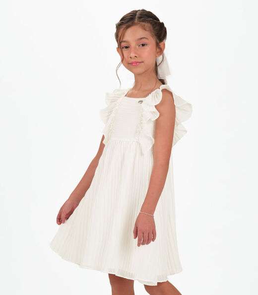 Vestido Chiffon Plissado Infantil Trick Nick Bege