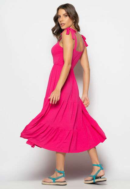 Vestido Midi Babado Com Alça Amarração Malha Rosa Salvatore