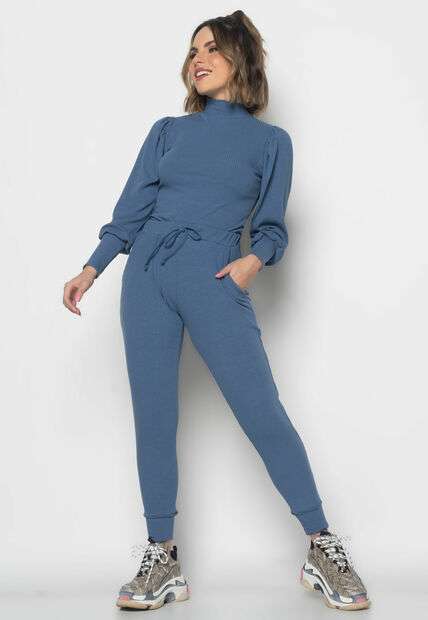 Conjunto Comfy Com Blusa Princesa M/L e Jogger Canelado Azul Jeans Salvatore