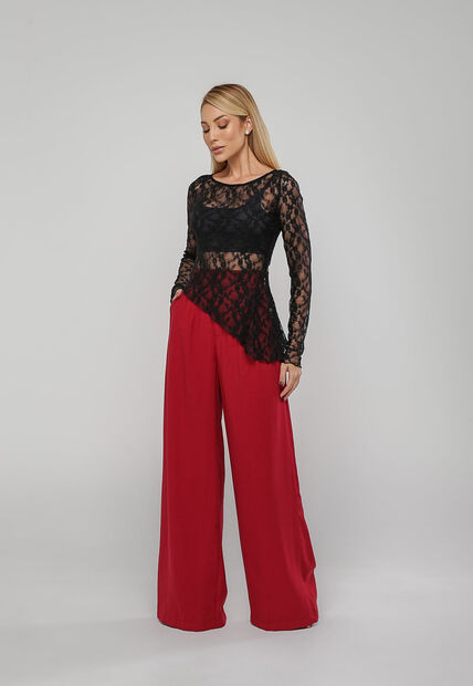 Blusa De Renda Assim?trica Manga Longa Preto Salvatore
