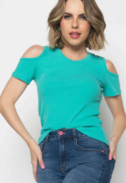 Blusa  Ombro Vazado Manga Curta Canelado Verde