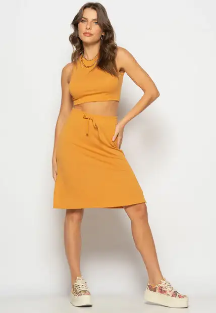 Saia Midi Com Fenda Malha Caramelo Salvatore