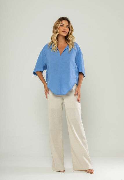 Blusa Ampla Manga Curta E Decote V Azul Salvatore