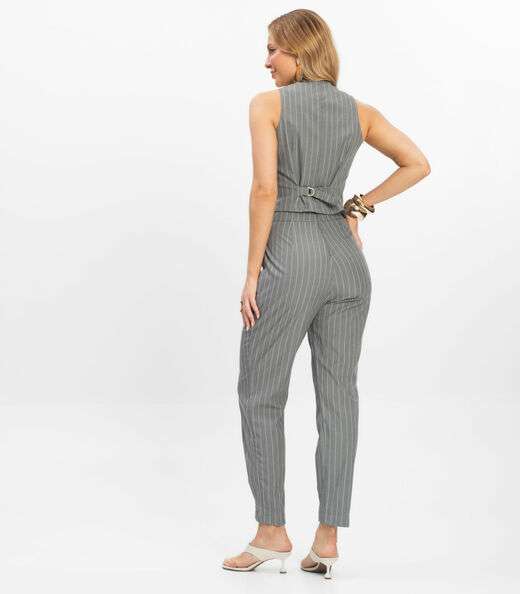 Calça Feminina Em Alfaiataria Risca Giz Toda Nua Cinza