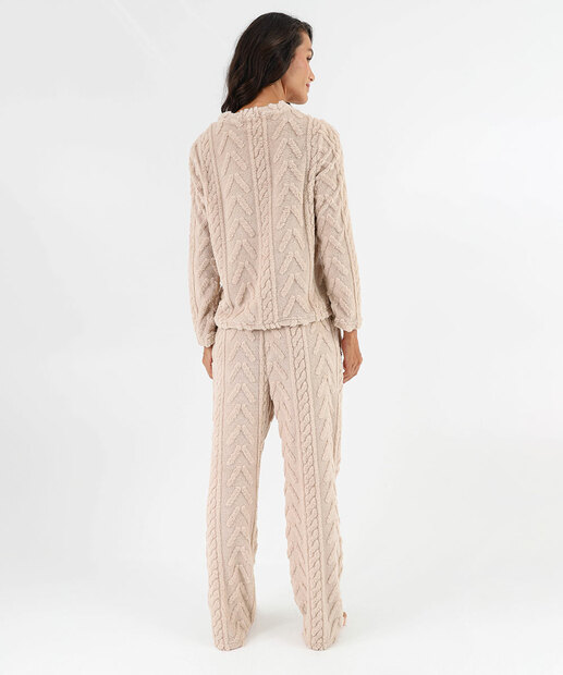 Pijama Feminino Jaquard Manga Longa Marisa Bege