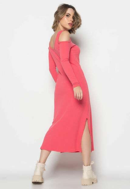 Vestido Midi Ombro Vazado Manga Longa Canelado  Fashion Melancia