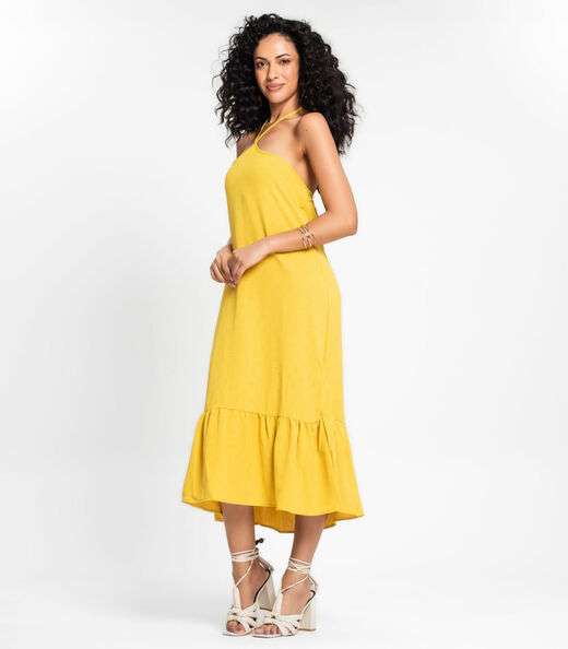 Vestido Midi De Alça E Babados Em Air Flow Rovitex Amarelo