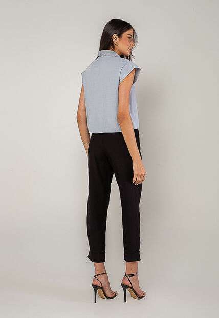 Blusa Alfaiataria Com Gola Em Renda E Bolso Decorado Azul Salvatore