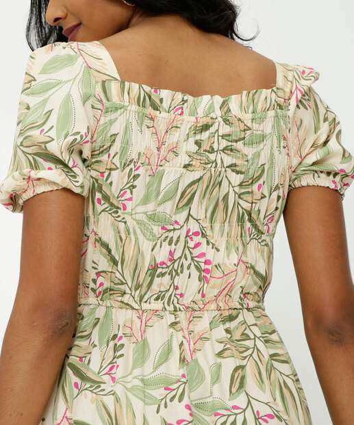 Vestido Midi Feminino Estampa Folhas Manga Curta Marisa