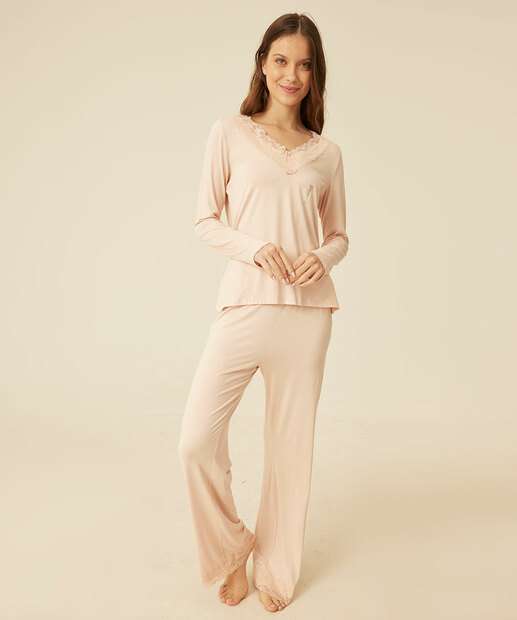 Pijama Feminino Recorte Renda Manga Longa   