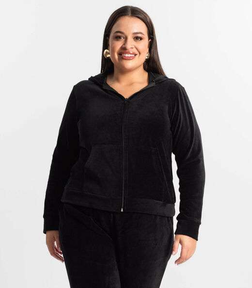 Jaqueta Feminina Plus Size Com Capuz Secret Glam Preto