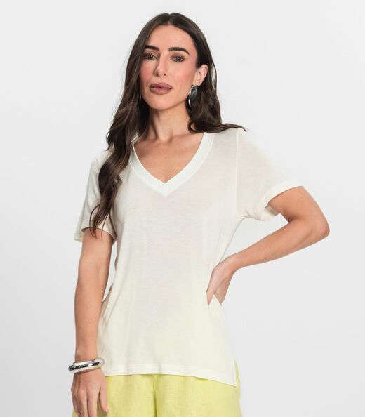 Blusa Feminina Manga Curta Decote V Endless Bege