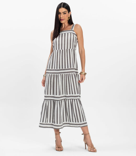 Vestido Midi Feminino Listrado De Alça Aishty Preto